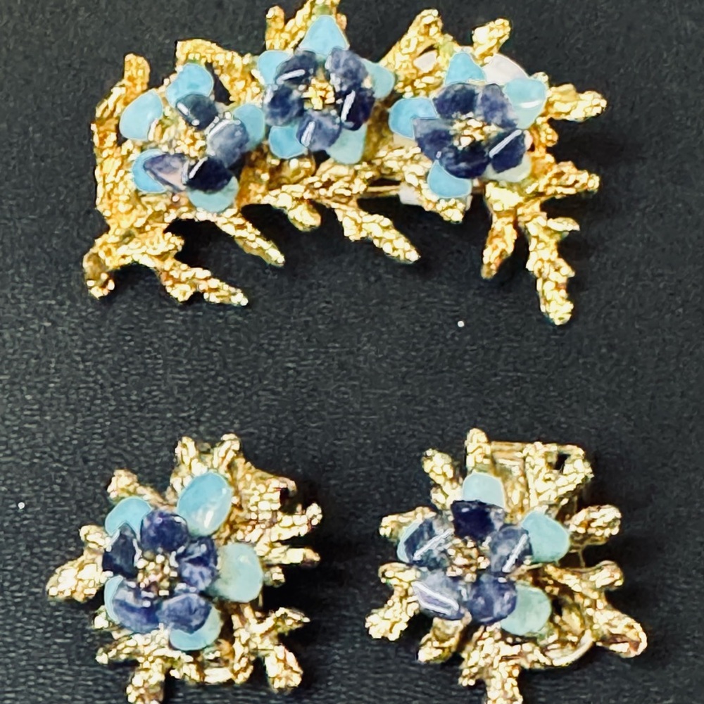 Vtg 1950s Swoboda lapis & turquoise brooch earring set